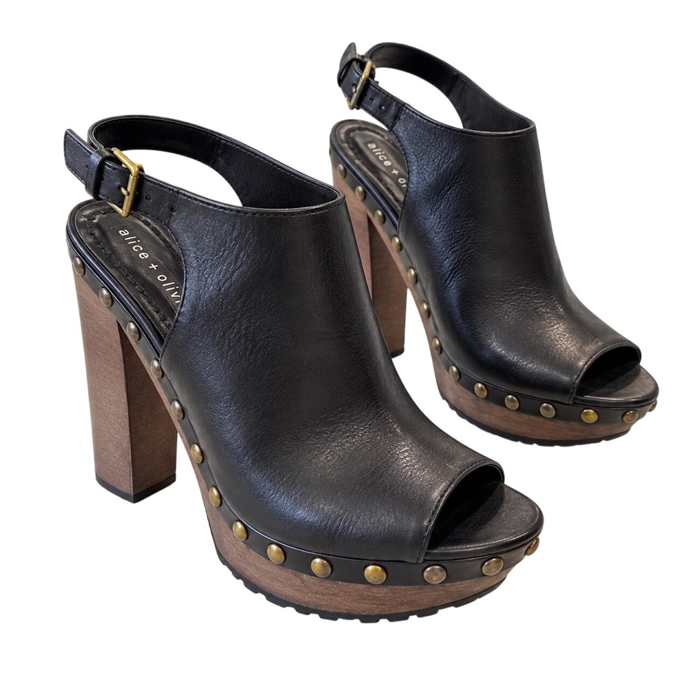 Alice + Olivia Black Leather Platform Clog Sandals Size 38 US 8 Studded Heel